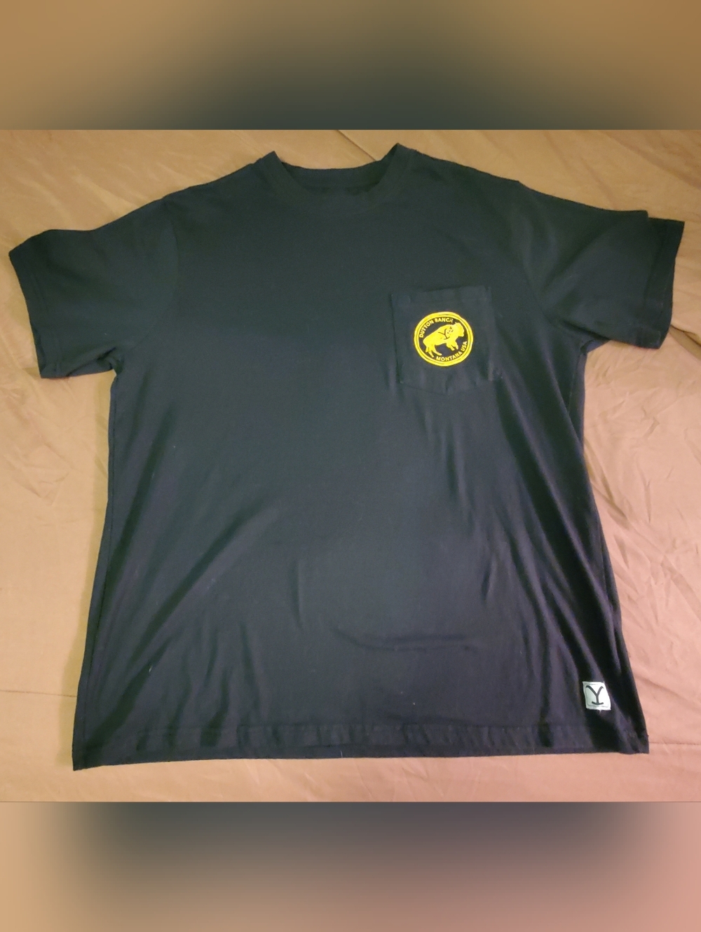 Yellow Stone Dutton Ranch, Black Pocket T-Shirt with Yellow Logo Mens XL